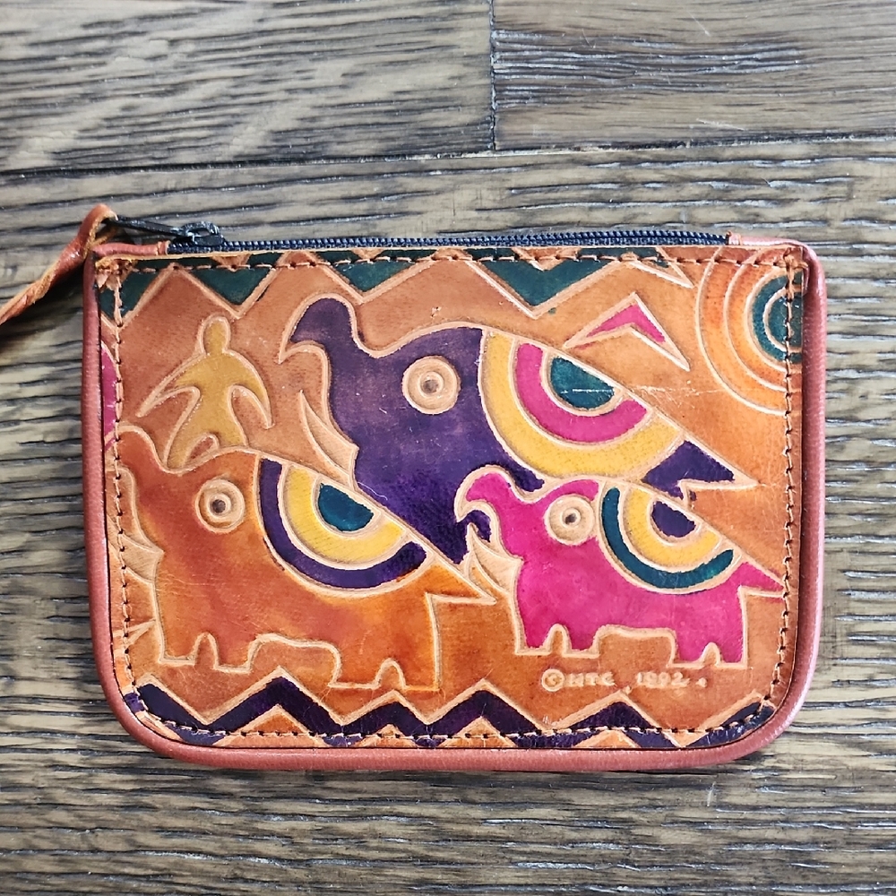 Vintage 1992 Leather Elephant Coin Purse Zip Closure
